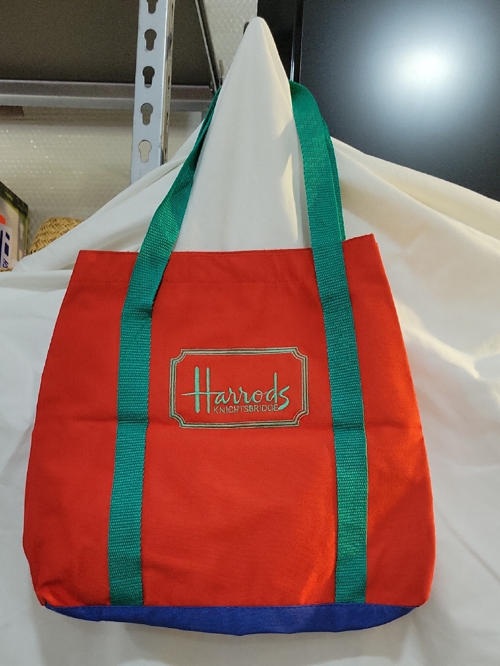 Vintage Harrods Red Canvas Tote Bag with Green Straps 1980's - Picture 2 of 6